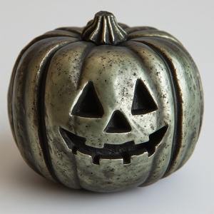 Premium aluminium pumpkin decor piece, patina green finish, handmade artistry enhancing <b>Halloween</b> celebrations with luxury - Product Image 1