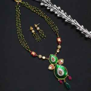 Green Meenakari Fusion Pendant Set <b>Gold</b> Plated Religious Zinc Alloy Jewelry with Quartz Stone 18K <b>Number</b> Pattern - Product Image 3