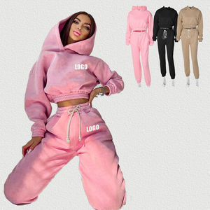 Wholesale Women's Sports Suit Long Sleeved Sports and Fitness Fleece Pullover Exposed Navel Top Oversized Women's Hoodie Set - Product Image 5
