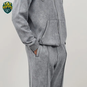 2025 nuevo estilo 100% algodón lavado ácido pesado chándal para hombre con pantalón acampanado cremallera Sudadera con capucha logotipo personalizado para invierno - Product Image 3