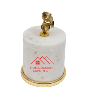 Boîte décorative en marbre avec sculpture en laiton sur le dessus, bouton sur le dessus, pour le stockage des aliments et des épices - Product Image 1