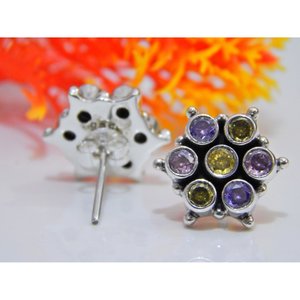 Boucles d'oreilles en argent sterling 925 Dainty Multi Gemstone Stud E0062-GS cadeau de bijoux de mariage minimaliste - Product Image 1