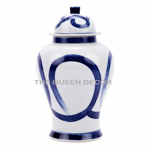Pot de gingembre décoratif de forme ronde en aluminium et métal, émail bleu et blanc imprimé avec couvercles, la plus vendue - Product Image 1