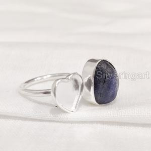 Joyería de piedra en bruto, anillo para mujer, zafiro azul Natural, piedra preciosa, piedra natal de septiembre, corazón ajustable, anillo de Plata de Ley 925 - Product Image 3