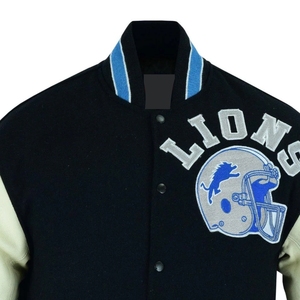 Black Wool Bomber Varsity Jacket With <b>Real</b> Leather Sleeves BIG DISCOUNT - Product Image 6