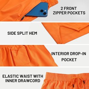 Pantalones cortos para hombre, pantalones cortos activos de 5 pulgadas con bolsillos, ligeros de secado rápido, transpirables, color naranja con cremallera: - Product Image 5