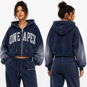 Conjunto de Sudadera con Capucha Corta y Cremallera Oversize y Pantalones Jogger para Mujer ONE APEX, Chándal de Algodón Premium Grueso Forrado y Transpirable con Efecto Lavado - Product Image 2
