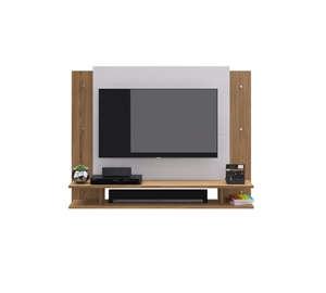 Meuble TV de style moderne JANAINA en bois, mobilier de chambre et de salon de style farmhouse, en panneaux de particules, couleur naturelle/blanc, design brésilien - Product Image 1