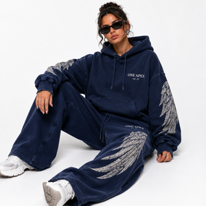 ONEAPEX SPORTS WEAR Sweat-shirt oversize et pantalon de survêtement à jambes larges pour femme, style streetwear d'hiver, bleu marine délavé, motif ailes d'ange, en coton premium - Product Image 6