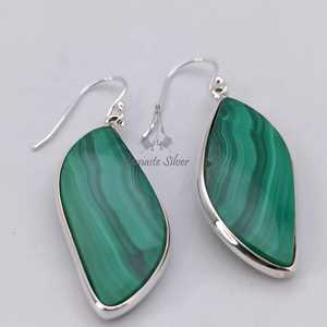 Boucles d'oreilles en malachite, feuille en argent sterling, bijoux artisanaux en pierres précieuses naturelles - Product Image 5