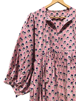 Robe midi rose 100 % coton tissé patchwork à motifs floraux, manches longues, col rond, fermeture à cordon, douce, respirante, écologique, automne
