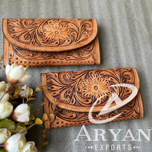 New Western Style <b>Coloured</b> Tooled Leather Clutch Women Designed Purse Hot Selling Compact Size Tooled Leather Trendy Clutches - Product Image 1