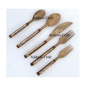 High Demanded Acacia Wood Cutlery <b>Set</b> With Rattan Woven Handle Premium Quality Wooden Flatware <b>Set</b> Tableware Essential Spoon <b>Set</b> - Product Image 4