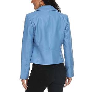 Chaqueta de cuero azul personalizada para mujer, chaqueta informal corta ajustada, ropa de calle, prendas de vestir de gran tamaño, algodón sólido teñido liso crudo - Product Image 2