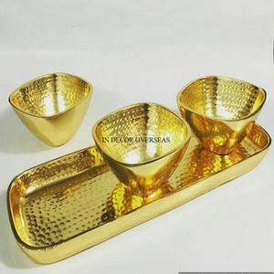 Hammered Texture High Grade Gold Plated Heavy Duty Metal <b>Bowls</b> With Unique Fancy Designer <b>Silver</b> Color Shiny Polished Tray - Product Image 3