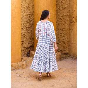 Cotton Solid Maxi <b>Dress</b> <b>with</b> Puff <b>Sleeves</b> Collarless A-Line Regular Fit Embroidery Breathable Asymmetric Casual <b>Summer</b> for Women - Product Image 3