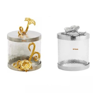 Elegant Glass Canister With Gold Flower Lid & Container Gold and Silver Home Hotel Restaurant Decorative Fancy Glass <b>Jar</b> - Product Image 2