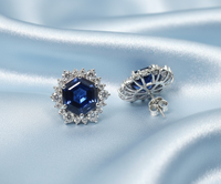 Pendientes de zafiro azul de corte hexagonal para mujer, estilo Art Deco, halo, para boda, plata de ley 925, regalo de Navidad