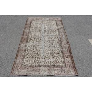 พรม3.7x6.3ft ตุรกีวินเทจขนสัตว์แฮนด์เมดสีน้ำตาลเบจพร้อมแผ่นรองยางลายเย็บปะสี่เหลี่ยมผืนผ้าสำหรับข้างเตียง - Product Image 1