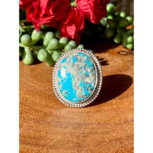 Navajo Handcrafted Kingman <b>Turquoise</b> Sterling Silver Statement <b>Ring</b> Size 7.5 - Product Image 1