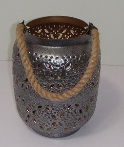 Antique Silver Metal Lantern Floral Cutout Votive Holder with Jute <b>Rope</b> Handle Decorative Tabletop Lantern Home Wedding Lantern - Product Image 5