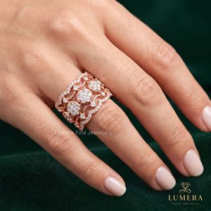 Wave Lattice Diamond Ring Elegant Multi <b>Row</b> Pave Flower Cluster Engagement Band Factory Round Fashion Ring - Product Image 1