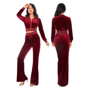 Vente en gros Survêtement en velours Ensemble deux pièces pour femmes Veste et pantalon zippés Streetwear décontracté à la mode Vêtements d'hiver avec logo personnalisé - Product Image 6
