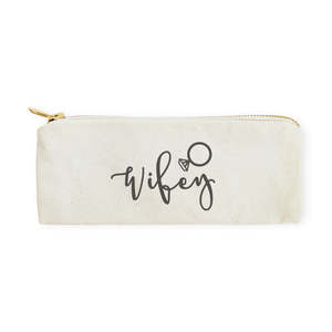 Wifey Linen Cotton Canvas <b>Makeup</b> Organizer Pencil <b>Case</b> with Zipper Portable Travel Pouch and Pouch for <b>Makeup</b> Letter Pattern - Product Image 1