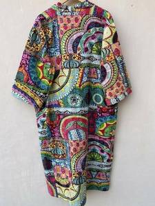 Nuevo Albornoz de Algodón 100% SILKGRAM para Mujer, Kimono Kantha Hecho a Mano, Estampado de Frutas Beige, Estilo Dulce, Cintura Natural, Cuello en V - Product Image 2