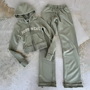 Custom Cropped Zipper Acid Washed <b>Tracksuit</b> Women's Clothing Embroidery Patch Hoodie and Sweatpants Distressed Sweatsuit Set - Product Image 2