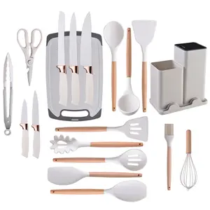 Espátula de cozinha totalmente funcional 19-Piece Silicone Kitchen faca Conjunto com Cabo De Madeira e Estacas Board Balde De Armazenamento