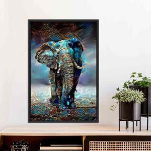 Toile imprimée : œuvre d'art moderne avec éléphant aux tons bleus pour la décoration de la maison, encadrée en noir - Product Image 1