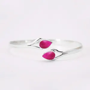 Unisex 925 Sterling Silver Ruby and Pear Gemstone Double Stone Bezel Setting Bangle with Gold Vermeil Gift