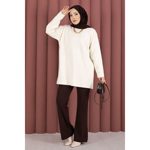 เสื้อทูนิคไหมพรมคอกลมสีครีมแบบลำลองสำหรับฤดูหนาวลายพิมพ์ - Product Image 4