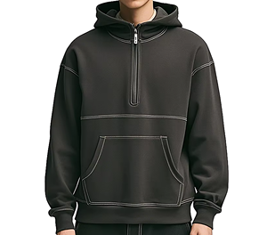 Men's Black Half <b>Zip</b> Hoodie Sweatshirt Pullover Fleece <b>Hooded</b> Top Contrast Stitching Streetwear Custom Wholesale OEM ODM Apparel - Product Image 1