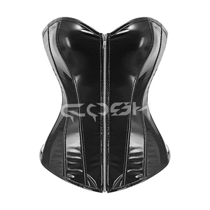 Corset gothique en cuir noir avec panneau en PVC et fermeture éclair sur le devant - Product Image 1