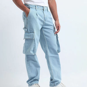 Summer <b>Men's</b> High-Grade Solid Color Straight <b>Jeans</b> Pure Cotton Denim Baggy Pants Loose <b>Wide</b>-<b>Leg</b> Casual High Street - Product Image 1