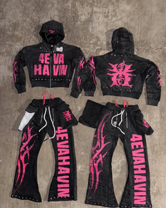 Chándal de 2 piezas con estampado gráfico de diamantes de imitación personalizado para hombre, pantalones de chándal acampanados de color personalizado, Conjunto de sudadera con cremallera y Jogger para hombre - Product Image 1