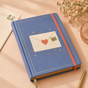 Journal personnalisé LABON « <span class=keywords><strong>Lettre</strong></span> d'amour » – Couverture rigide en tissu bleu, dorure à chaud, <span class=keywords><strong>enveloppe</strong></span>, tampon cœur, étoiles, bords dorés, ruban vert corail - Product Image 4