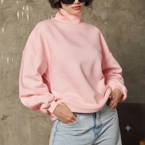เสื้อสเวตเชิ้ตคอเต่าทรงโอเวอร์ไซส์สำหรับผู้หญิงรุ่นใหม่ล่าสุด ผลิตจากผ้าฝ้ายผสมแบบ Bio Washed แฟชั่นพื้นฐาน รับผลิตเสื้อผ้าตามสั่ง บริการ OEM - Product Image 1