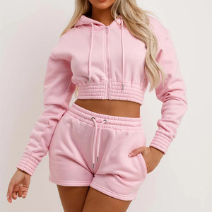 Custom Two Piece Distressed Woman Cotton Blank <b>Zip</b> up Cropped Sweatsuits Jogging Hoodie Tracksuits 2 Piece <b>Shorts</b> Set for Women - Product Image 6