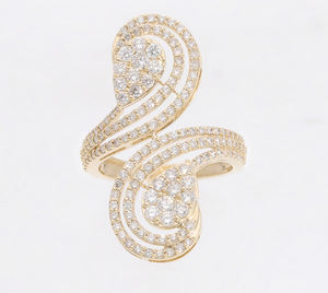 Exquisite 14K Gold <b>Statement</b> <b>Ring</b> with Pear-Shaped Diamond Clusters and Pave-Set Bands in Elegant Flowing Double Teardrop Design - Product Image 3
