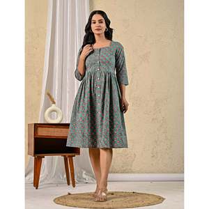 Robe en coton imprimée à la main motif floral vert, style décontracté avec col carré, taille naturelle, respirante, design personnalisé, tailles XS à 5XL - Product Image 4