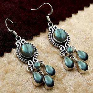 Boucles d'oreilles cabochon en pierres précieuses Labradorite Boucles d'oreilles en argent sterling massif 925 pour femmes filles Boucles d'oreilles pendantes Bijoux en argent - Product Image 4