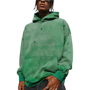 Custom <b>Vintage</b> Acid Wash Distressed Hoodie 100% Cotton French Terry Blank Distressed Pullover Green Hoodie For Men - Product Image 1