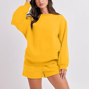 Sudadera con capucha de algodón de alta calidad para mujer, conjunto de pantalones cortos con cuello con capucha, chándal informal de dos piezas con logotipo personalizado, hombro caído - Product Image 4