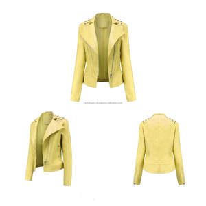 Chaquetas de mujer de cuero amarillo claro Slim Fit Moto estilo tachonado hombros asimétrico Zip Biker prendas de vestir exteriores con bolsillos con cremallera - Product Image 4