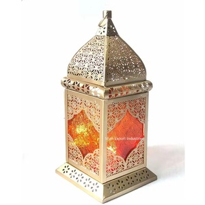 Verre coloré marocain fer bougie lanterne or fini pour la maison et le jardin éclairage décoratif lanternes suspendues - Product Image 5