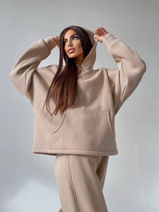 ชุดเสื้อฮู้ดกางเกงสองชิ้นแบบสวมหัวทรงหลวมโอเวอร์ไซส์สำหรับผู้หญิง - Product Image 6