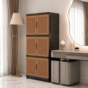 Nandos 3 Stack <b>Mini</b> Cabinet Plastic <b>Wardrobe</b>/Cabinet/Closet with Brown Rattan Hinged Doors for Bedroom Clothing General Storage - Product Image 1